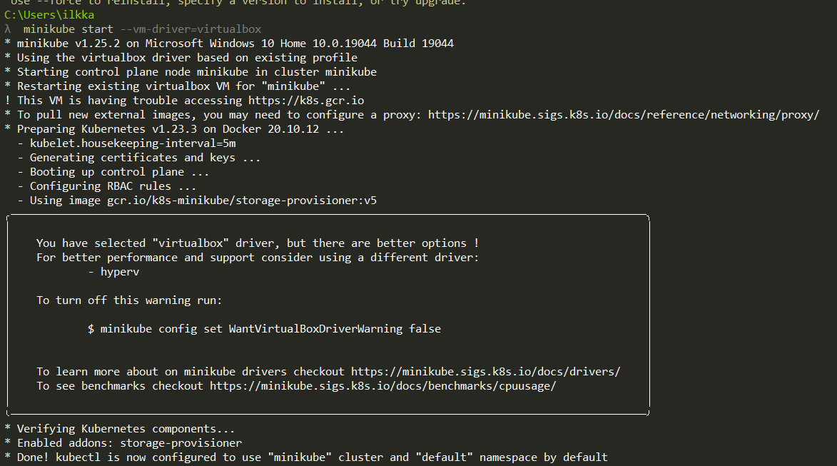 Minikube win10 home with virtual box